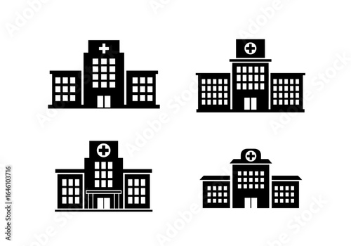 Four distinct hospital building icons showcasing various architectural styles and designs in black silhouette