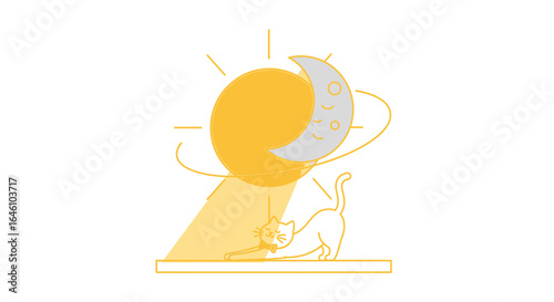Cute cartoon illustration of a stretching cat under sun and moon eclipse scene