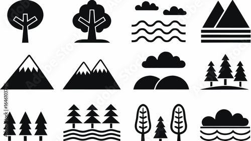 Black and white nature icons featuring trees mountains clouds and water in a simple graphic style