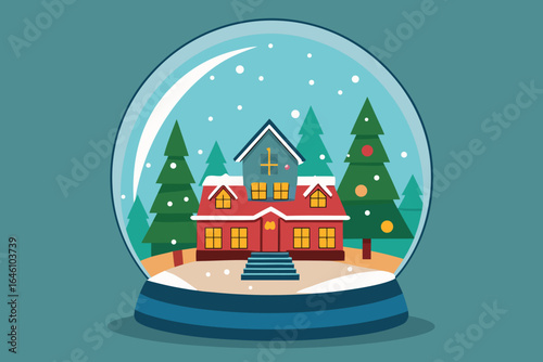 Winter wonderland snow globe featuring a cozy house and evergreen trees within a festive holiday decoration