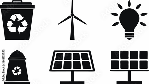 Illustration of renewable energy sources and recycling symbols in black and white style design