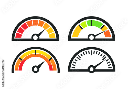 Four distinct gauge designs showcasing varying levels of measurement in vibrant colors and styles