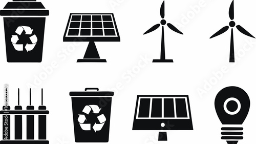 Illustration of renewable energy sources and recycling symbols in black and white design style