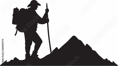 Silhouette of a hiker with backpack and trekking pole climbing a mountain peak in outdoor adventure scene
