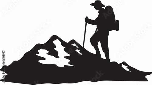 Silhouette of a hiker with backpack and trekking pole climbing a rocky mountain peak on a white background