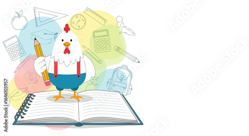 Cute cartoon rooster with pencil standing on notebook surrounded by school supplies