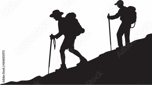 Silhouette of two hikers with backpacks and trekking poles climbing up a steep hill together outdoors