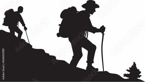 Silhouette of two hikers with backpacks climbing a hill with trekking poles and a small tree in view