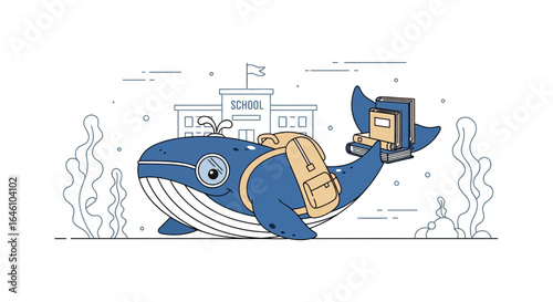 Cute cartoon whale with backpack and books heading to school illustration design