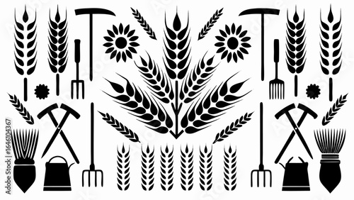 Illustration of farming tools and wheat stalks arranged symmetrically in black and white design