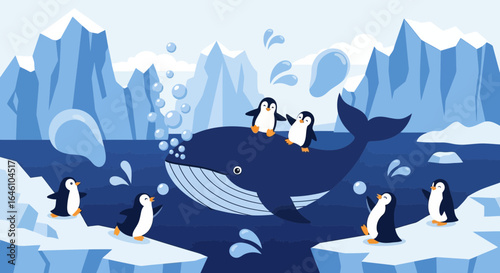 Delightful Antartica Scene With Playful Penguins And Whale On Ice Floes