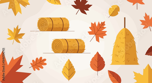 Delightful Autumnal Arrangement Of Leaves And Bales Against A Neutral Background