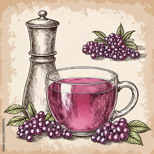 Refreshing grape beverage in a glass cup with scattered grapes and a wooden grinder nearby in a rustic setting