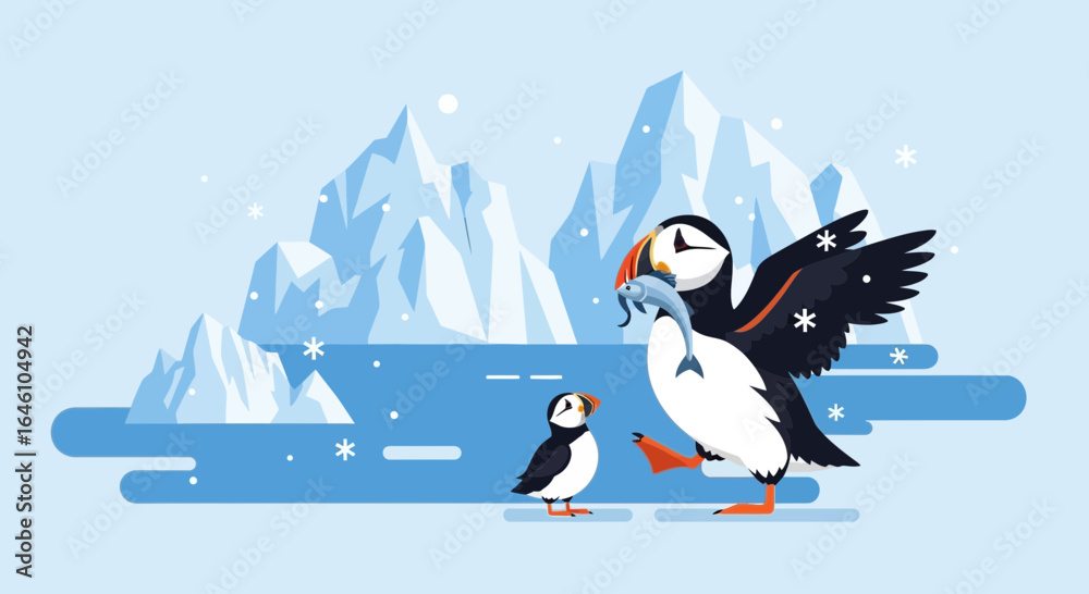 Fototapeta premium Delightful cartoon illustration of puffins in an arctic landscape with snow and icebergs