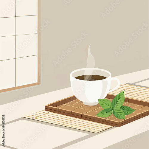Warm cup of herbal tea rests on a wooden tray beside fresh mint leaves in a cozy, sunlit room