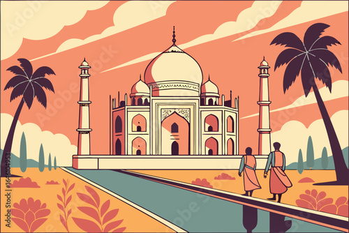 Stylized illustration of Taj Mahal with palm trees and visitors