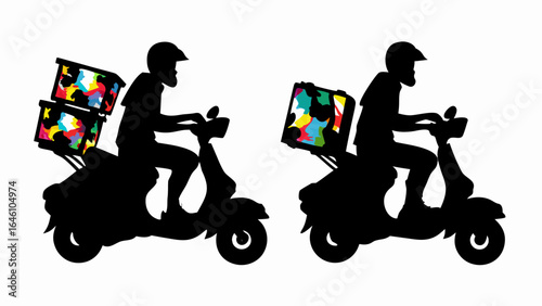 Two scooter riders in silhouette with colorful boxes delivering packages on a white background isolated image
