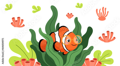 Delightful Clownfish Illustration with Glasses Amidst Coral Reefs and Seaweed Design
