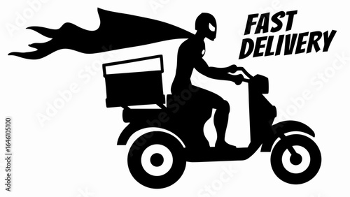 Silhouette of superhero delivering package on scooter with fast delivery text graphic design vector art