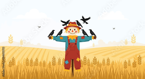 Delightful fall scene featuring a scarecrow surrounded by crows in a wheat field