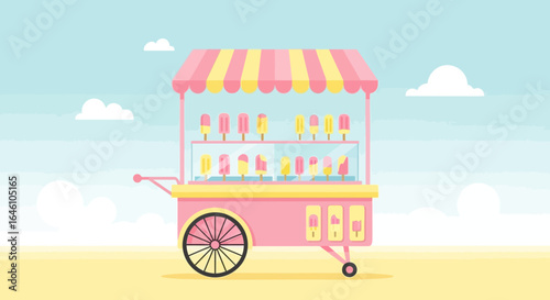 Delightful ice cream cart illustration with pastel colors and whimsical design in a summery scene