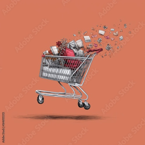 An illustration of a shopping cart overflowing with  gifts, flowers, and festive items, set against a warm coral background. 