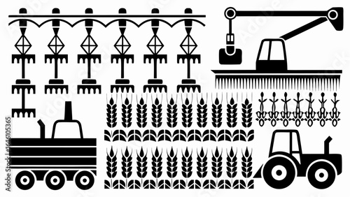 Illustration of agricultural machinery and crops depicting farming and harvesting process
