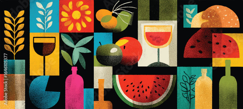 Geometric Food and Drink Collage with Vibrant Colors Modern Art Style Featuring Fruits Wine Bread Plants and Decorative Elements for Culinary and Beverage Concepts