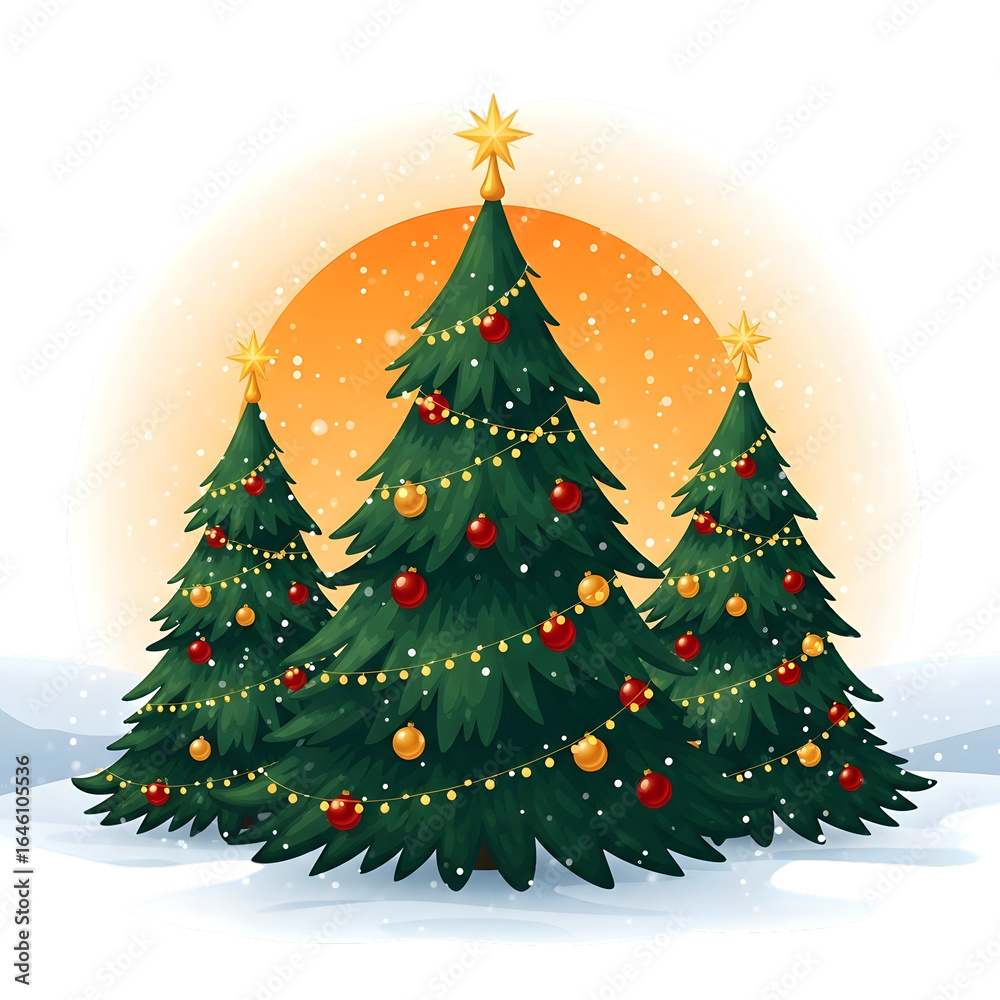 Obraz premium Three decorated christmas trees with stars and lights in the snow isolated on transparent background