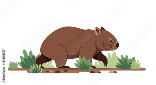 Delightful wombat illustration walking through lush greenery on a simple base