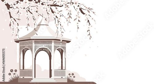 Elegant gazebo illustration surrounded by cherry blossoms in spring scenery