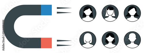Magnet attracting diverse individuals, concept of attraction, marketing, recruitment, human resources, diversity, inclusion, business strategy, vector illustration