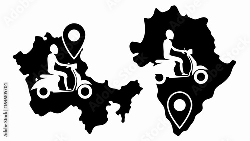 Two maps with scooter riders and location pins indicating delivery service in black and white style