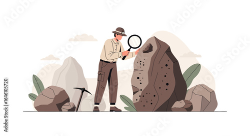 Detailed Geological Exploration Scientist Inspecting Rock Formation With Magnifying Tool