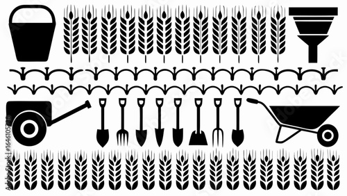 Illustration of farming tools and wheat stalks arranged in rows and columns in black and white