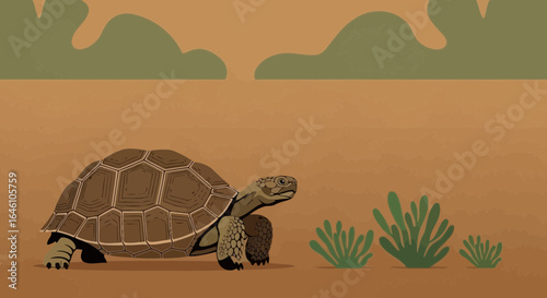 Detailed turtle vector art on a arid landscape with vegetation and cloudscape illustration suitable for children's literature