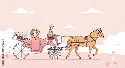 Elegant horse-drawn carriage ride through a scenic landscape with passengers enjoying a leisurely journey