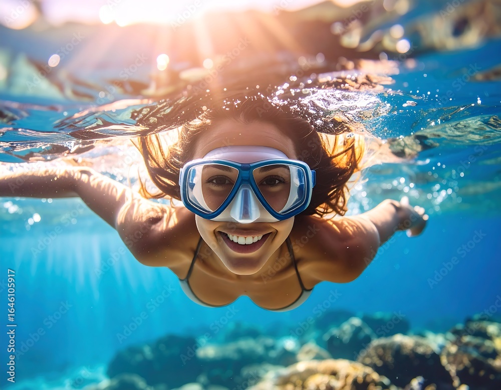 Fototapeta premium Woman snorkeling, happy underwater