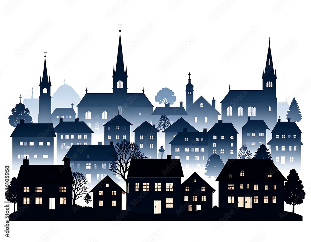 Fototapeta premium Silhouettes of a quaint European village at night
