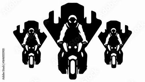 Three motorcycle riders in black and white with abstract city skyline background design vector