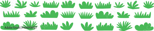 Charming collection of hand drawn green bushes and grass elements featuring crayon style shrubbery doodled trees and pencil sketched foliage for a playful natural design