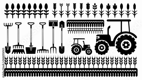 Illustration of agriculture tools and crops including tractors and wheat in black and white style