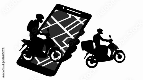 Delivery service with scooter riders and navigation app on smartphone for fast and efficient transport