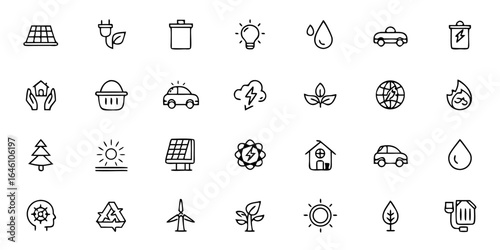 Renewable Energy & Sustainability Line Art Vector Icons — Solar, Wind, Hydropower, Electric Vehicles, Recycling & Eco-Friendly Living Symbols for Green Branding and Environmental Campaigns

