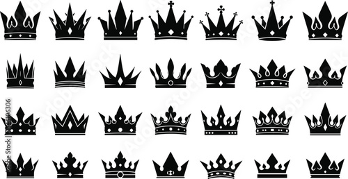 Royal crown silhouette collection, black vector crown icons set, elegant vintage king and queen crown illustrations for luxury, fashion, heraldry, and design