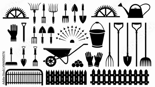 Illustration of various gardening tools and equipment in black silhouette style on a white background