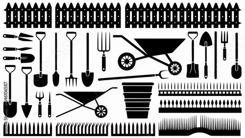 Illustration showcasing various gardening tools and fence designs in a monochrome style design