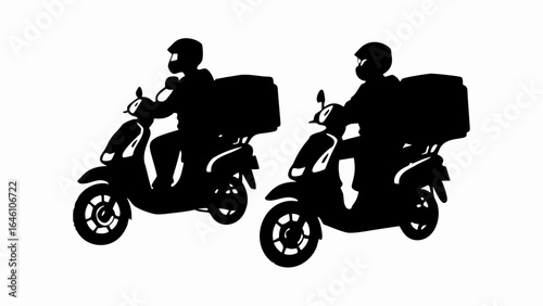Two delivery scooters with riders in silhouette against a white background are shown side by side