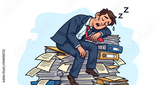 A tired businessman sleeps atop a large pile of paperwork, exhausted from work.