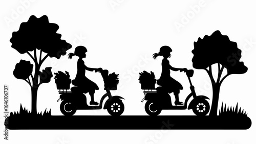 Two girls riding scooters with baskets in a silhouette landscape with trees and grass design